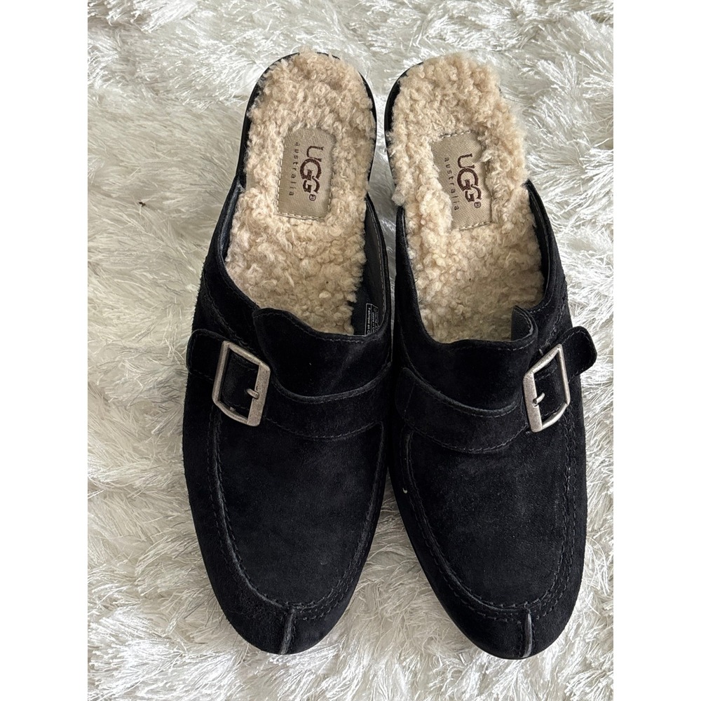 UGG Isabella Black Suede Clogs Slides Mules Sheepskin Lined Heel 5565 Womens 10